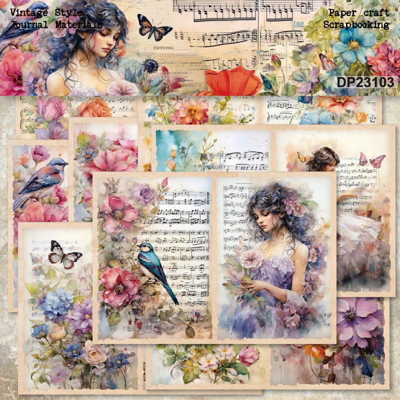 Lovely Flower Girls Music Sheets A5 Scrapbook Card Journal Craft Paper