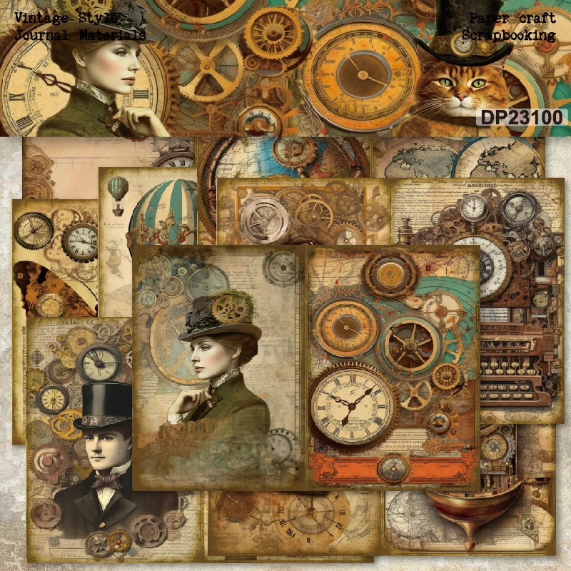 Steampunk Woman Man Cat Top Hat Clock Gear A5 Scrapbook Card Journal Craft Paper