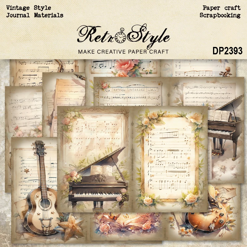 Panalisacraft 8sheets A5 size Vintage Style Music Scrapbooking patterned paper Fancy Card Pack Light weight Craft Paper Card