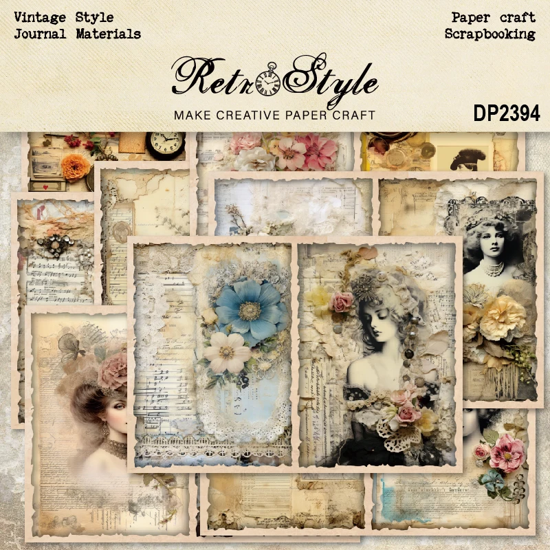 Vintage Ladies Flowers Clocks Music Sheets A5 Scrapbook Card Journal Craft Paper
