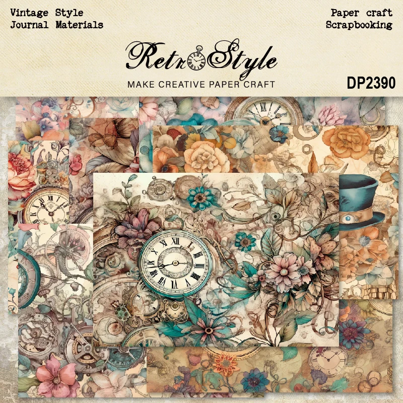 Retro Flowers Clocks Watches Top Hat A5 Scrapbook Card Journal Craft Paper