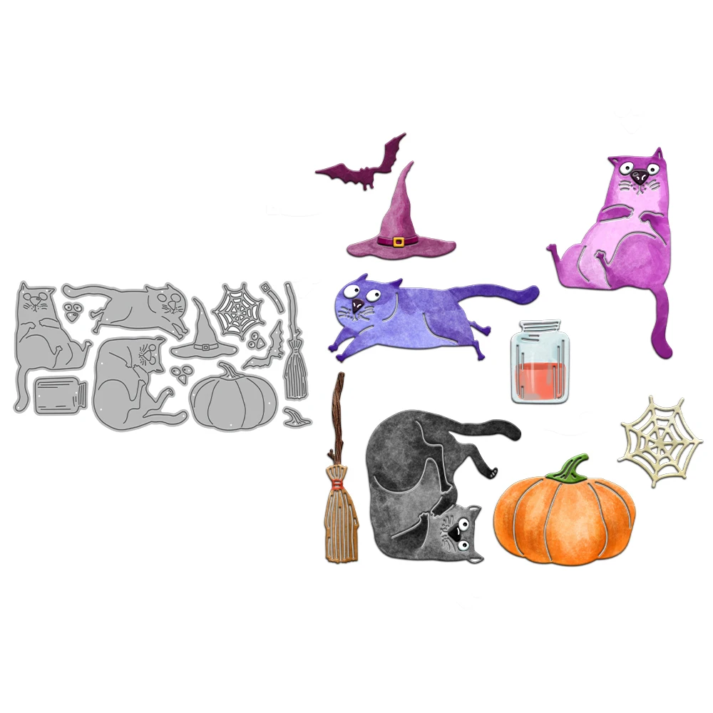 Halloween Silly Cats Broom Witch Hat Pumpkin Bat Metal Cutting Dies Card Craft