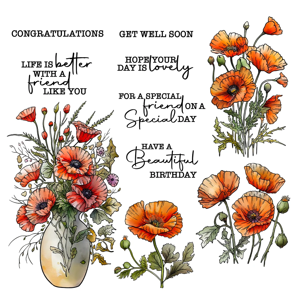 Poppy Flowers Vase Happy Beautiful Birthday Metal Cutting Dies Clear Stamps