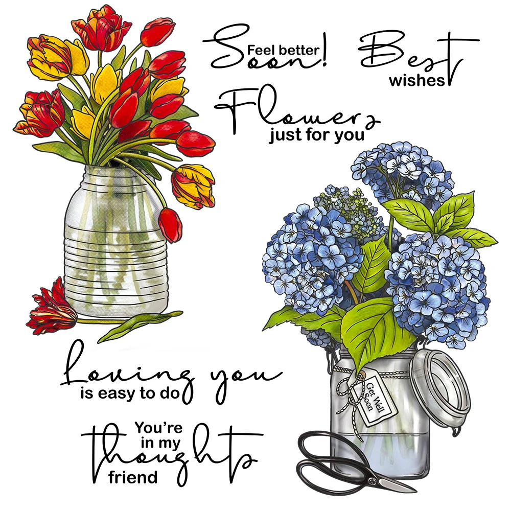 Flowers Jar Vase Feel Better Soon Best Wishes Metal Cutting Dies Clear Stamps