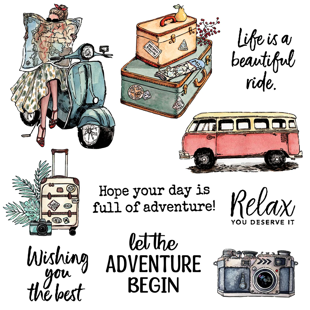 Travel Woman Scooter Map Camera Luggage Adventure Metal Cutting Dies Clear Stamp