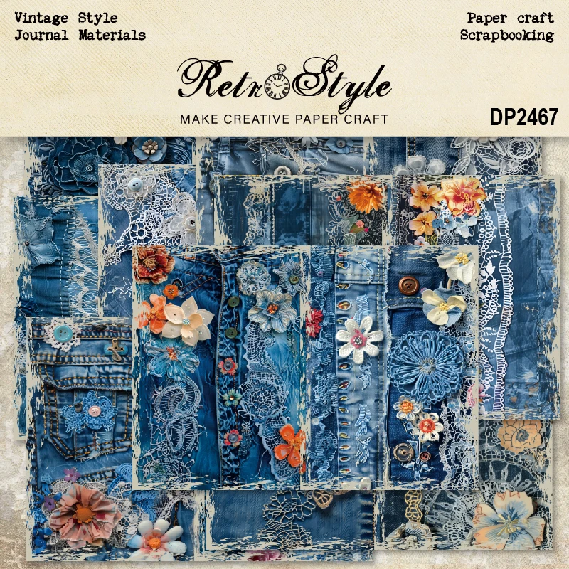 Blue Jeans Lace Flowers A5 Scrapbook Card Journal Craft Paper
