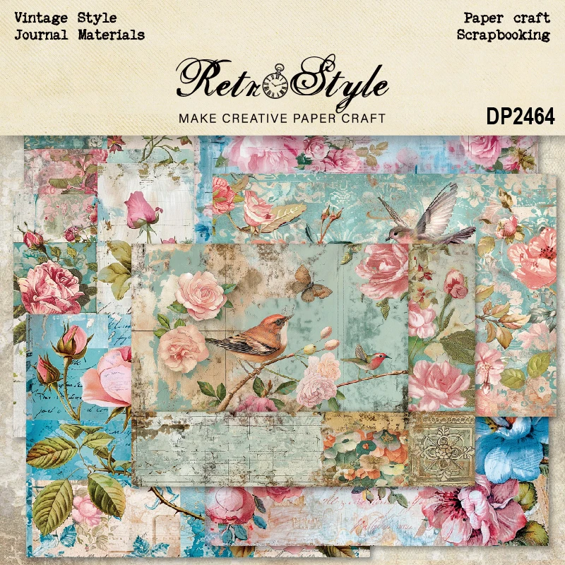 Vintage Style Flowers Butterflies Bird A5 Scrapbook Card Journal Craft Paper