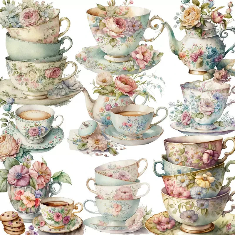 Floral Stacked Teacups Teapots Flowers Journal Planner Scrapbook Stickers Craft