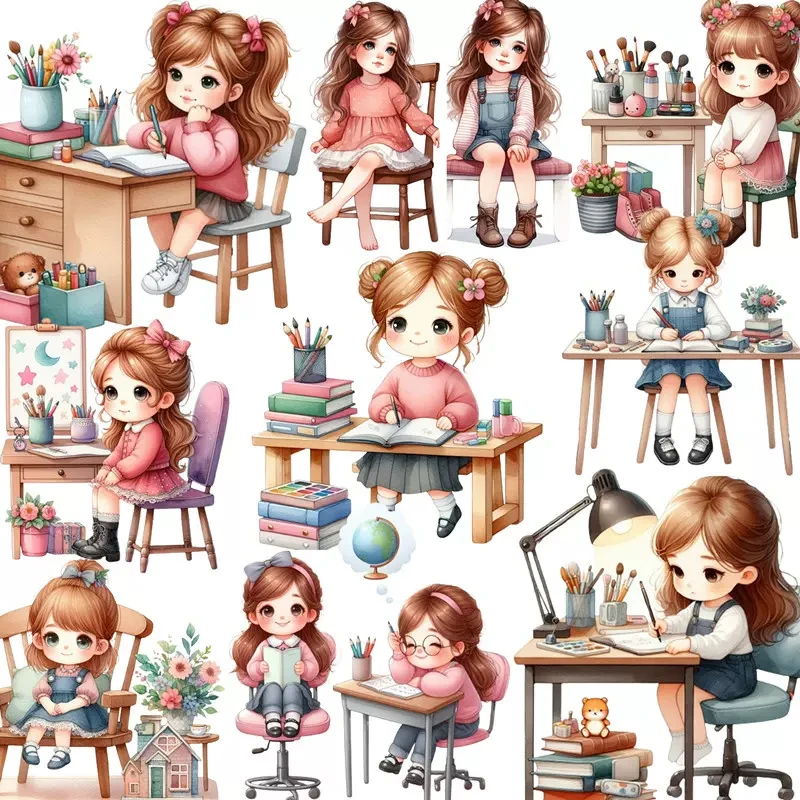Adorable Kawaii Little Girls Sitting Student Planner Scrapbooking Stickers Craft