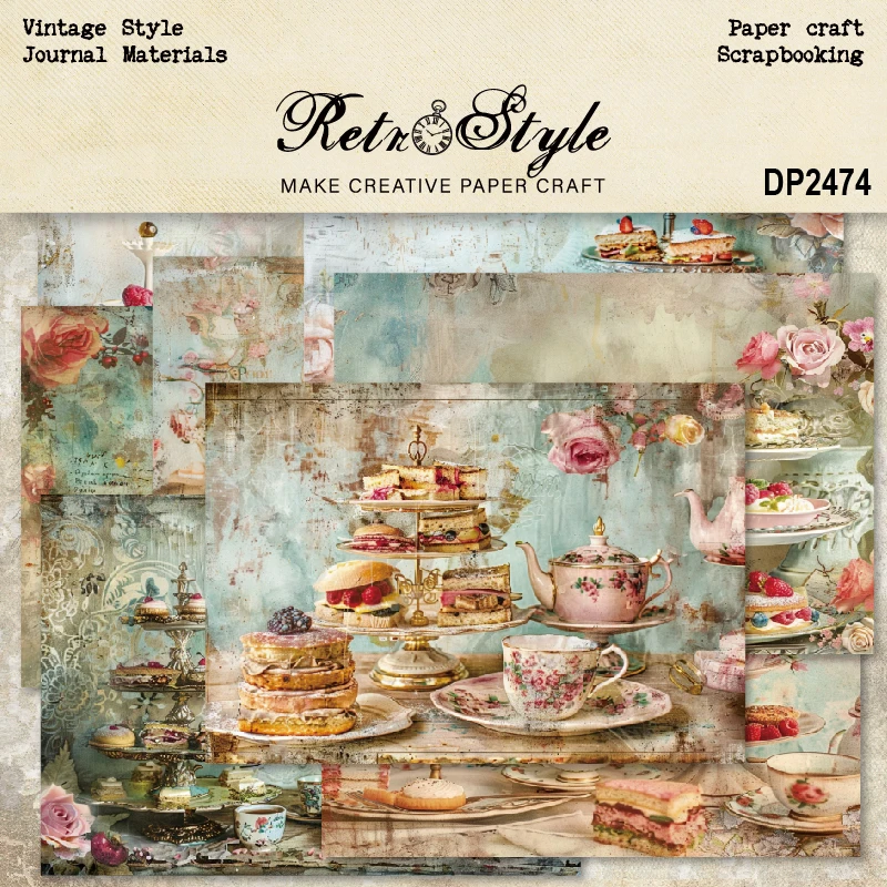 Tea Party Teacups Teapot Desserts Cakes A5 Scrapbook Card Journal Craft Paper