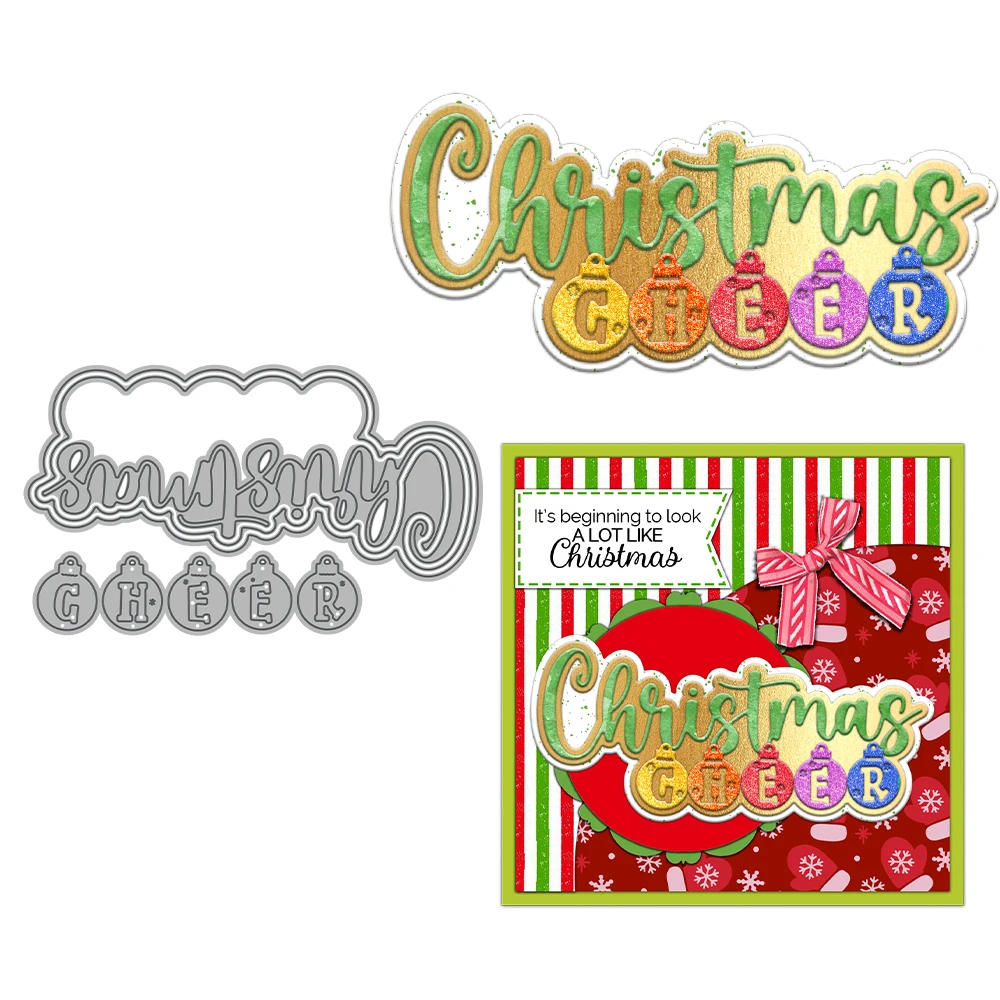 Christmas Cheer Phrase Words Ball Decorations Metal Cutting Dies Card Craft