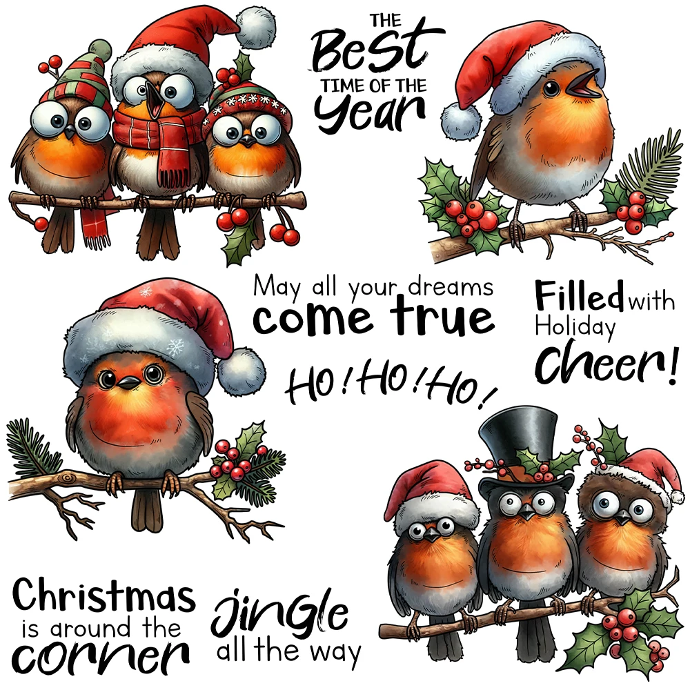 Mangocraft Cute Christmas Birds In Hats Cutting Dies Clear Stamp Stencil DIY Scrapbooking Metal Dies Silicone Stamp For Cards