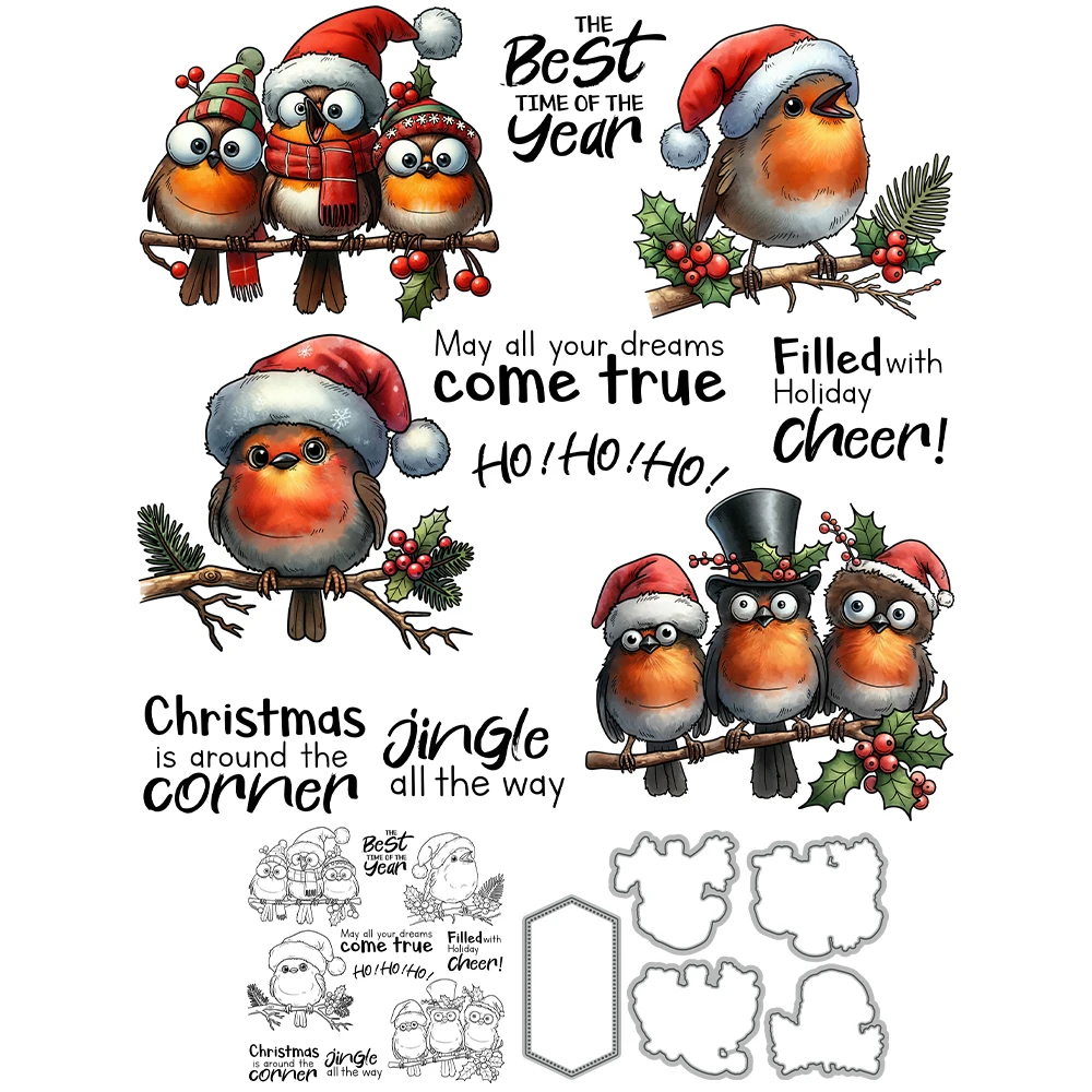 Mangocraft Cute Christmas Birds In Hats Cutting Dies Clear Stamp Stencil DIY Scrapbooking Metal Dies Silicone Stamp For Cards