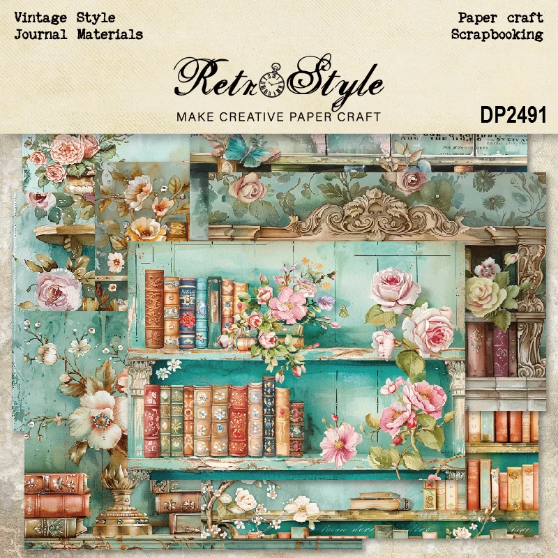 Bookshelves Flowers Vases A5 Scrapbook Card Journal Craft Paper