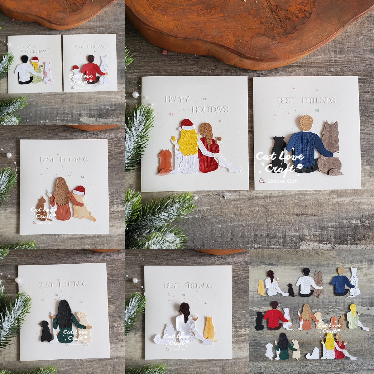 Christmas Man Woman Dog Cat Back Views Friends Metal Cutting Dies Card Craft