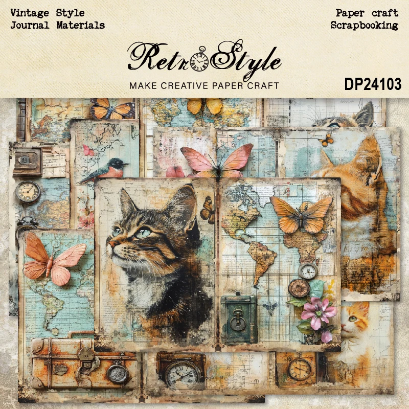 Cats Birds Butterflies Maps A5 Scrapbook Card Journal Craft Paper