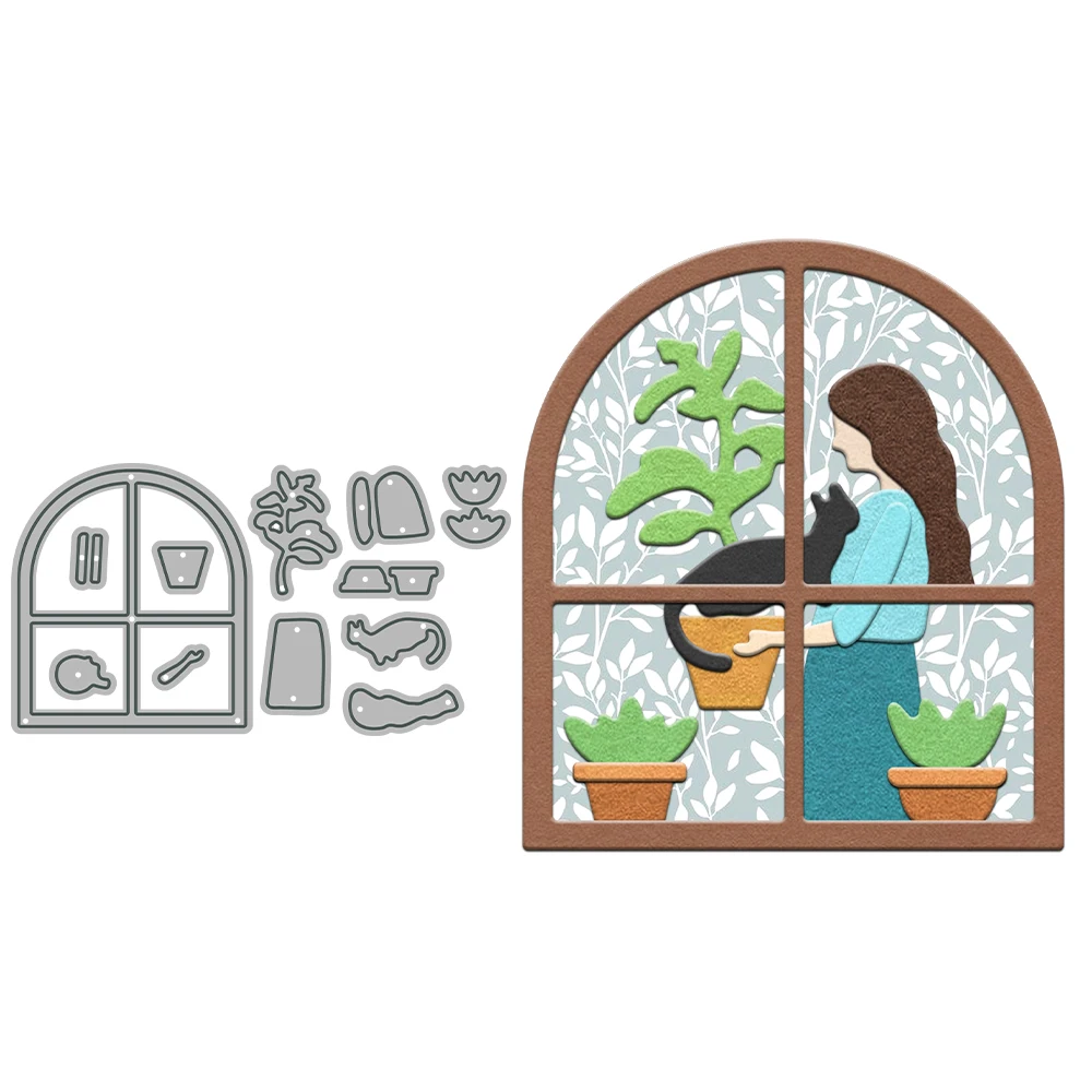 Woman Potted Plants Cat in Window Metal Cutting Dies Scrapbooking Card Craft