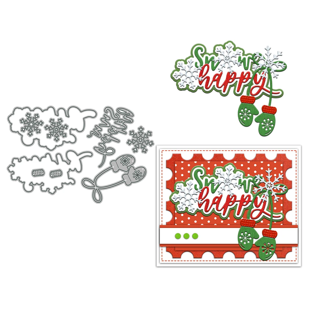 Snow Happy Words Snowflakes Mittens Gloves Metal Cutting Dies Card Craft
