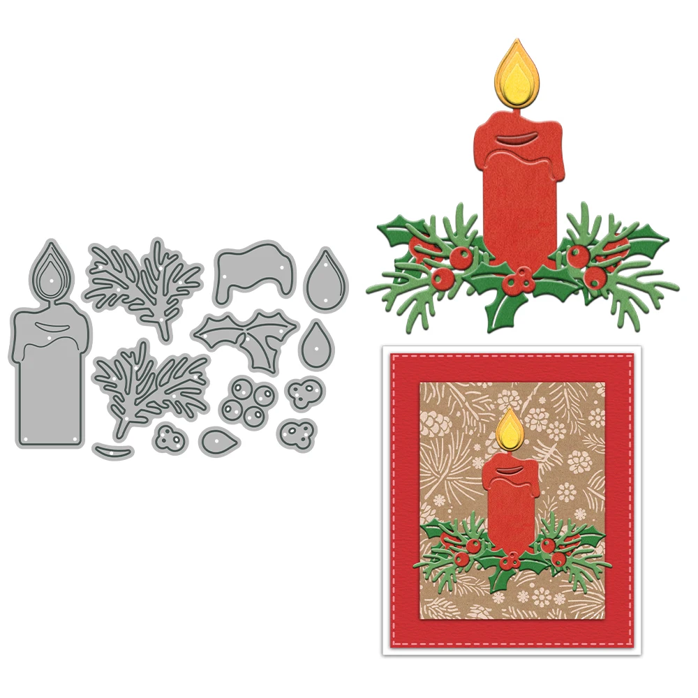 Christmas Candle Holly Pine Needles Metal Cutting Dies Scrapbooking Card Craft