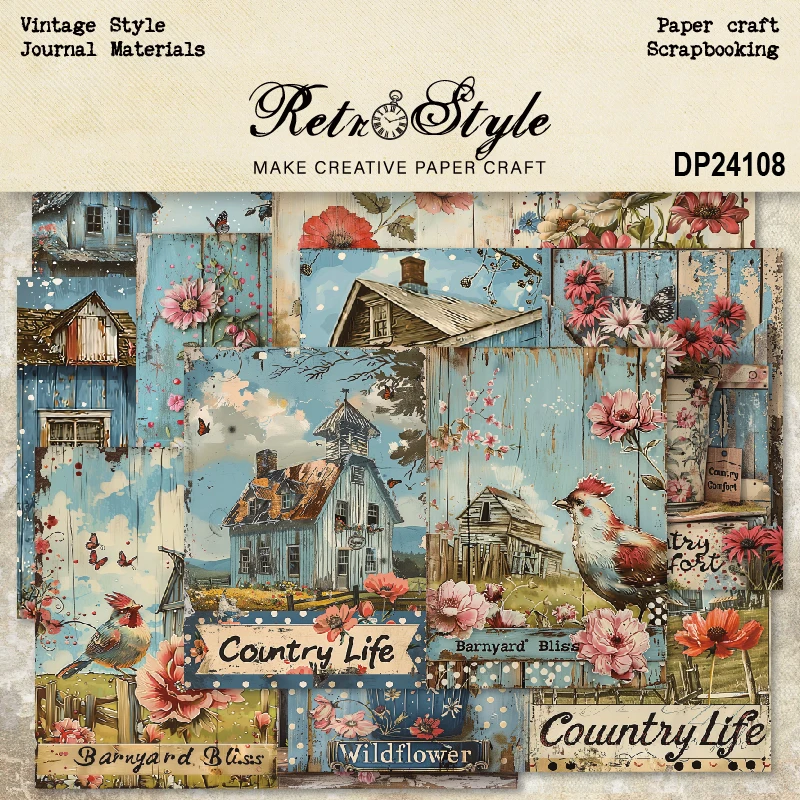 Old Country Barn Buildings Flowers Birds A5 Scrapbook Card Journal Craft Paper