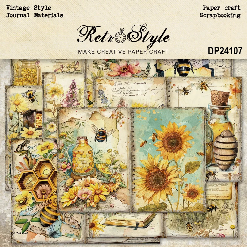 Bees Honey Jar Sunflowers Honeycomb A5 Scrapbook Card Journal Craft Paper