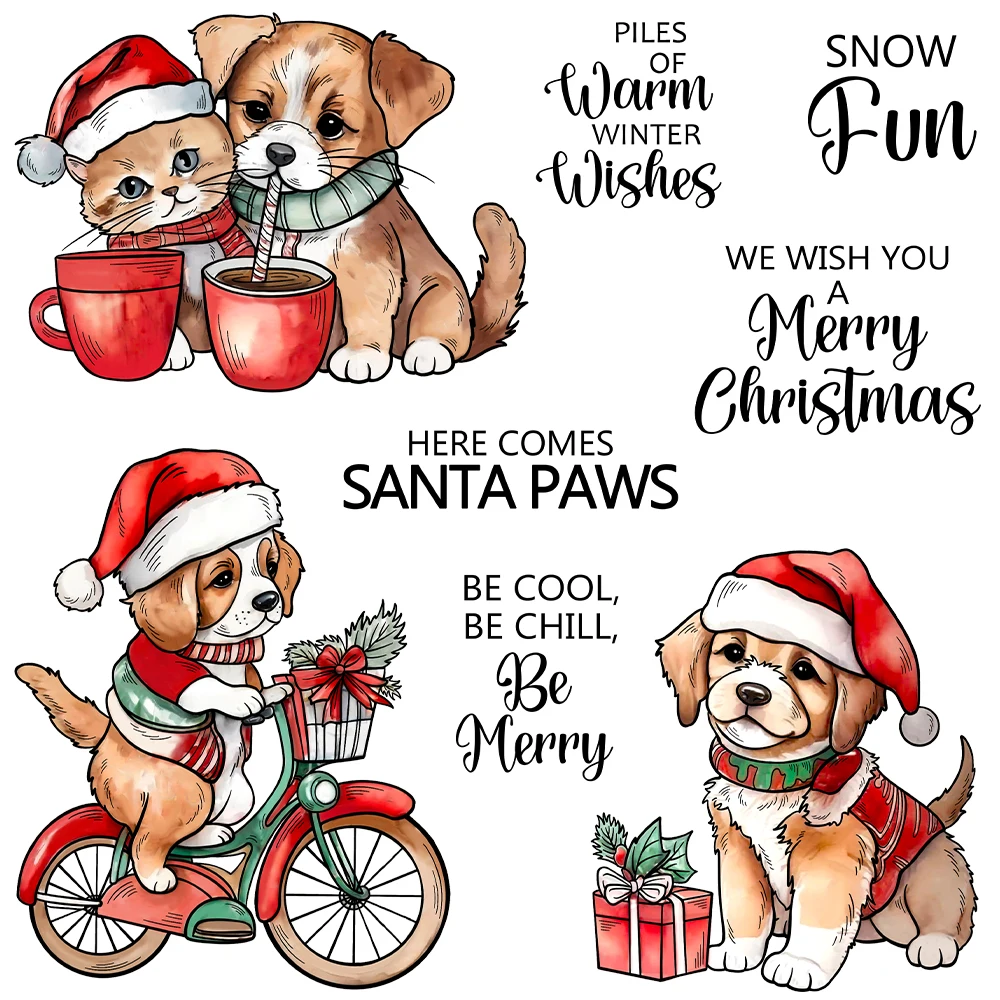 Christmas Puppy Kitten Here Comes Santa Paws Metal Cutting Dies Clear Stamps