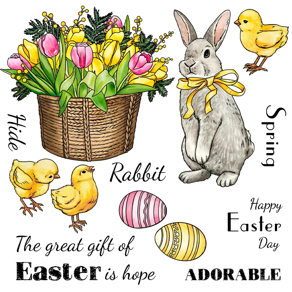 Adorable Easter Rabbit Chicks Spring Tulips Basket Clear Stamps Card Craft