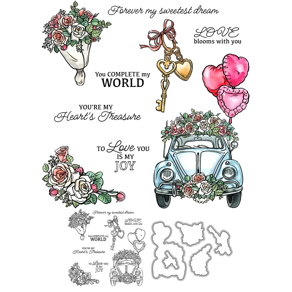 Mangocraft Valentine's Day Flowers And Car Cutting Dies Clear Stamp DIY Scrapbooking Metal Dies Silicone Stamp For Cards Albums