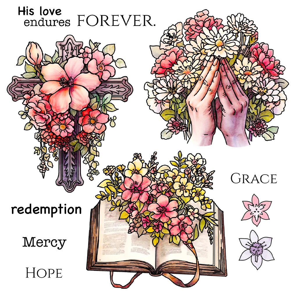 Religion Flowers Praying His Love Endures Forever Metal Cutting Dies Clear Stamp