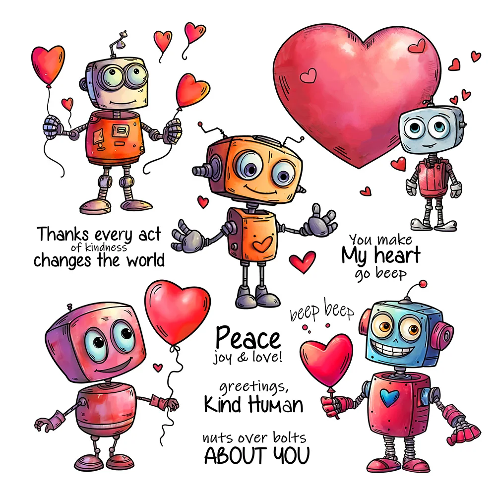 Valentine's Day Robots Hearts You Make My Heart Go Beep Clear Stamps Card Craft
