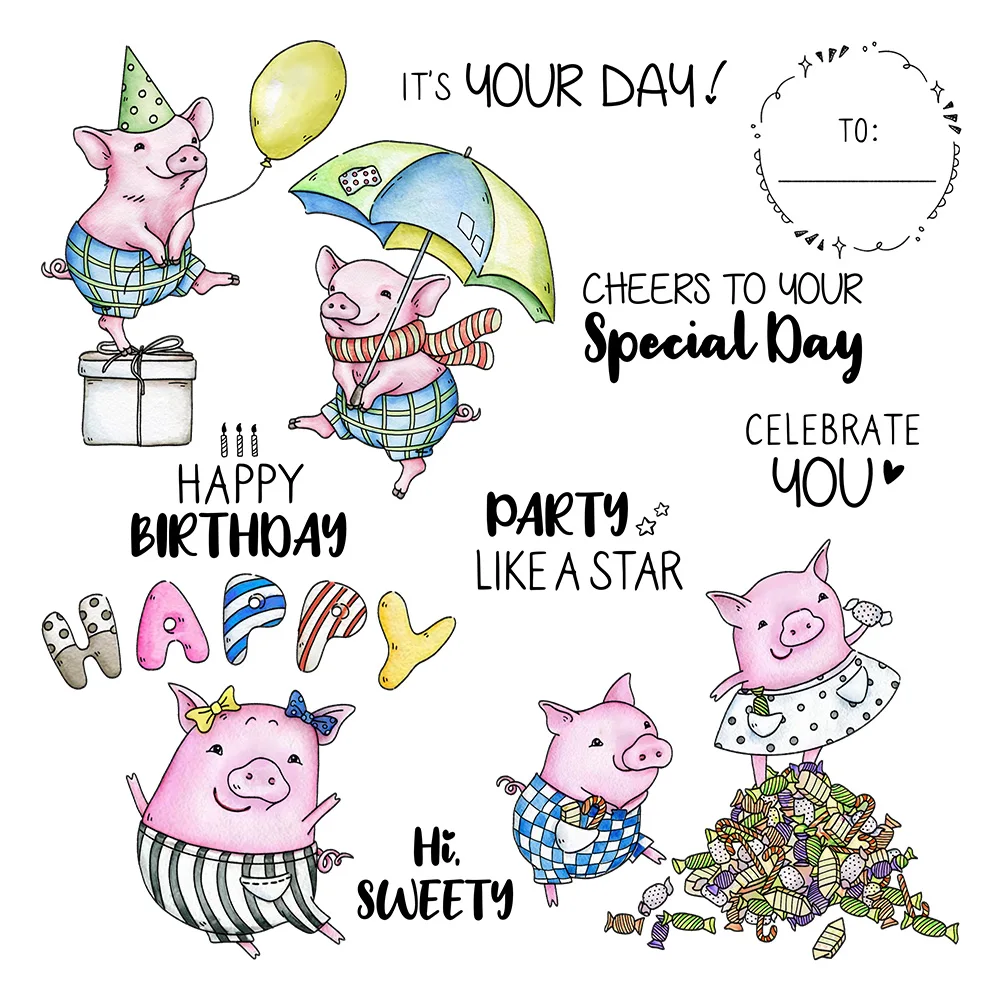 Happy Birthday Funny Pigs Party Like a Star Metal Cutting Dies Clear Stamps