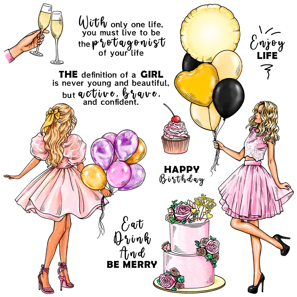Happy Birthday Celebrate Cake Balloon Girl Metal Cutting Dies Clear Stamps Craft