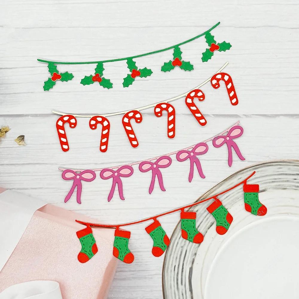 Christmas Garlands Stocking Holly Candy Cane Bow Metal Cutting Dies Card Craft