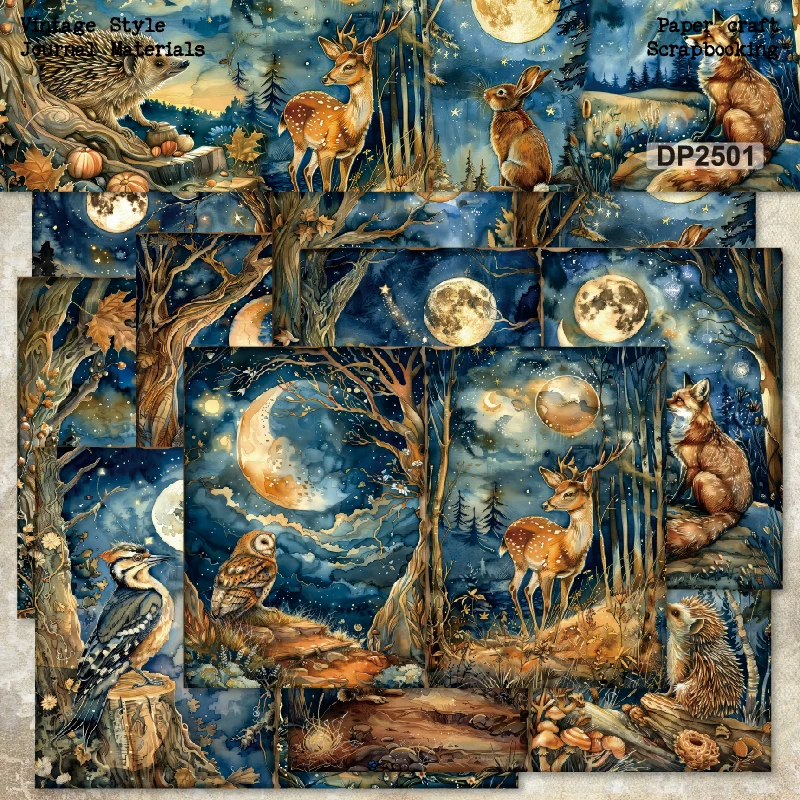 Night Sky Moon Forest Animals Deer Rabbit A5 Scrapbook Card Journal Craft Paper