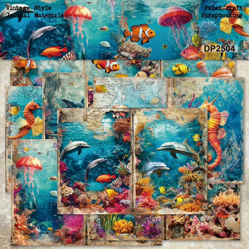 Ocean Life Fish Dolphins Reef Maps A5 Scrapbook Card Journal Craft Paper