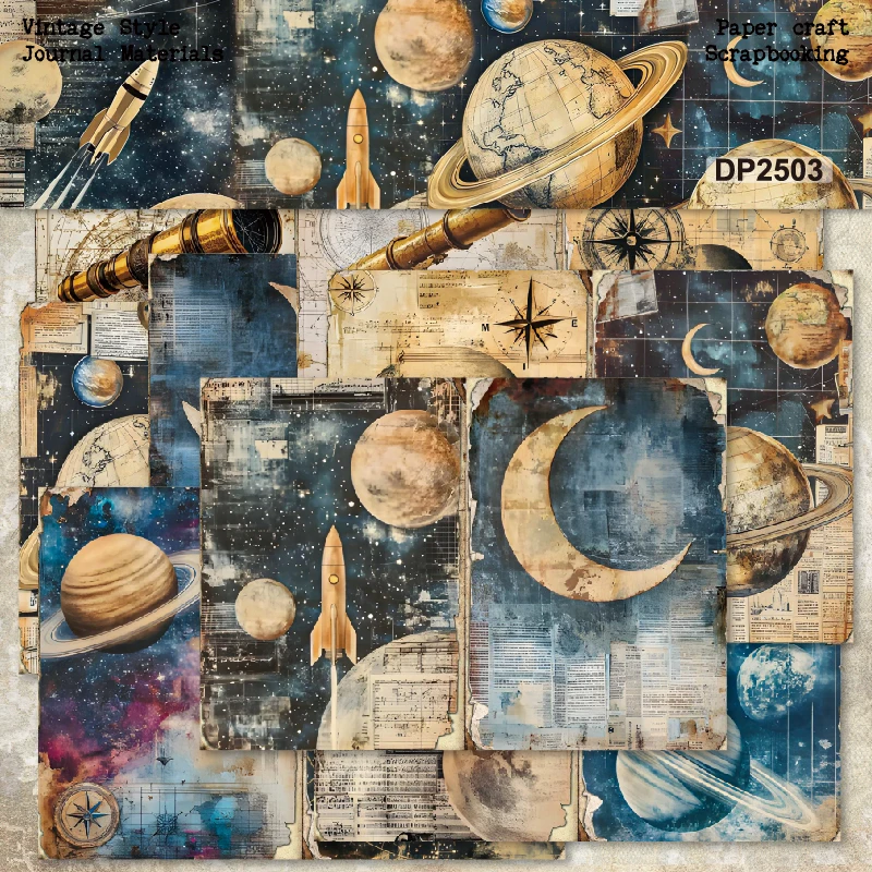 Vintage Space Rockets Telescope Planets A5 Scrapbook Card Journal Craft Paper