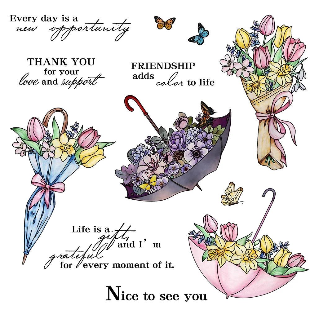 Umbrella Bouquet Flowers Thank You for Your Love and Support Clear Stamps Craft