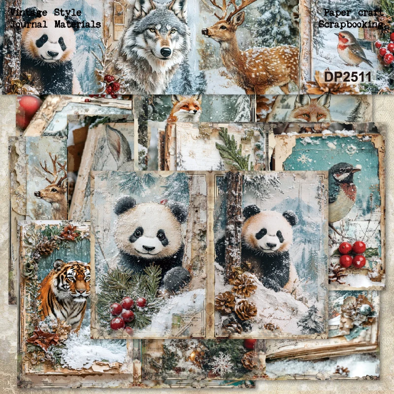 Winter Animals Wolf Deer Bird Panda Snow A5 Scrapbook Card Journal Craft Paper