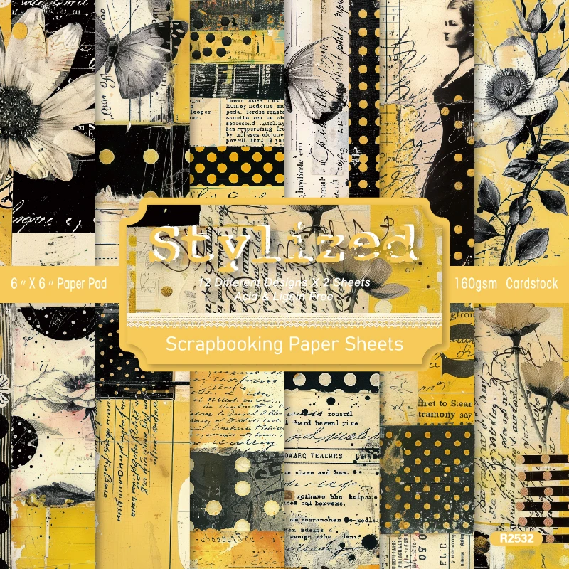 Vintage Yellow Black Flowers Butterflies Scrapbook Card Craft Cardstock Paper