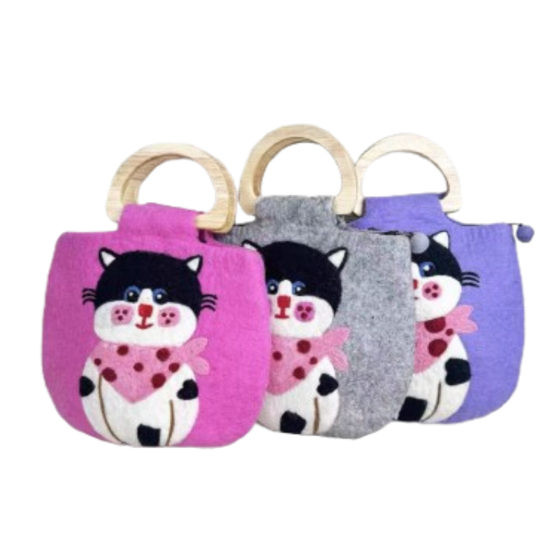 Handmade Finished Wool Felting Handbag Cat Pattern Felting Crossbody Handbags