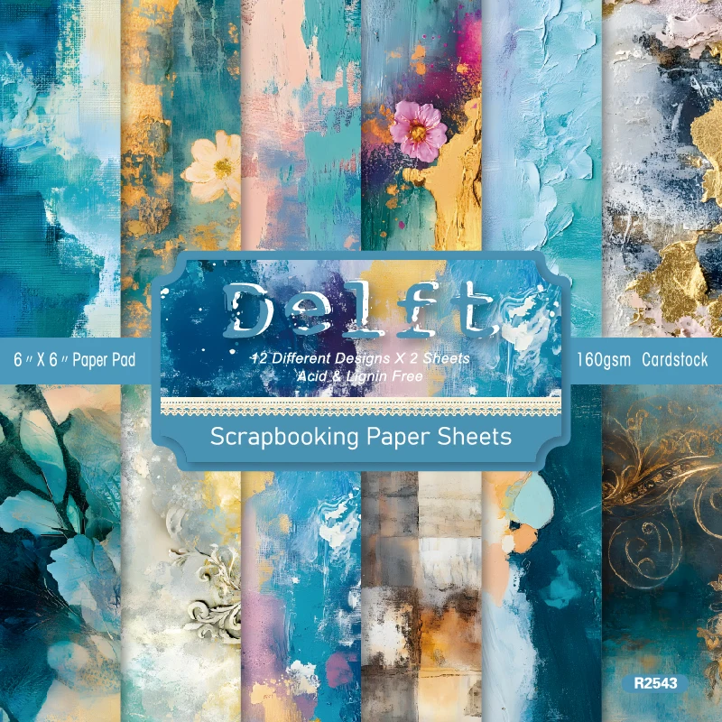 Mottled Blues Gold Paints Flowers Scrapbook Card Journal Craft Cardstock Paper