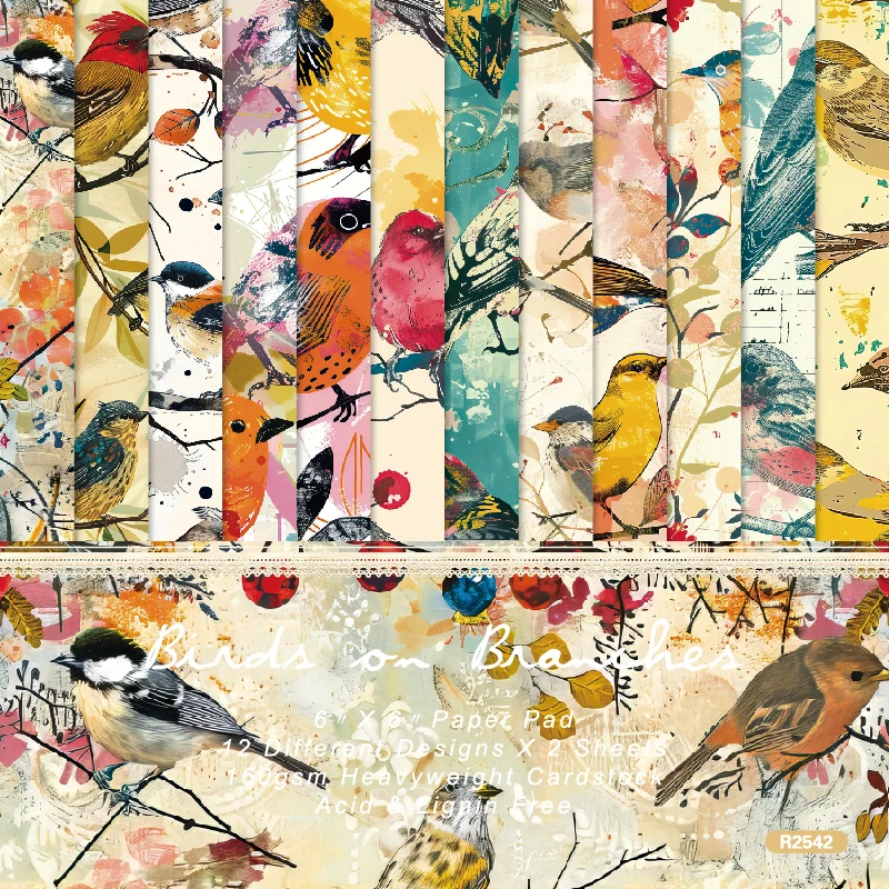 Painted Colorful Birds on Twigs Scrapbook Card Journal Craft Cardstock Paper