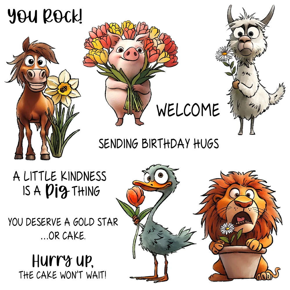 Silly Animals Little Kindness Goes a Pig Way Birthday Hugs You Rock Clear Stamps