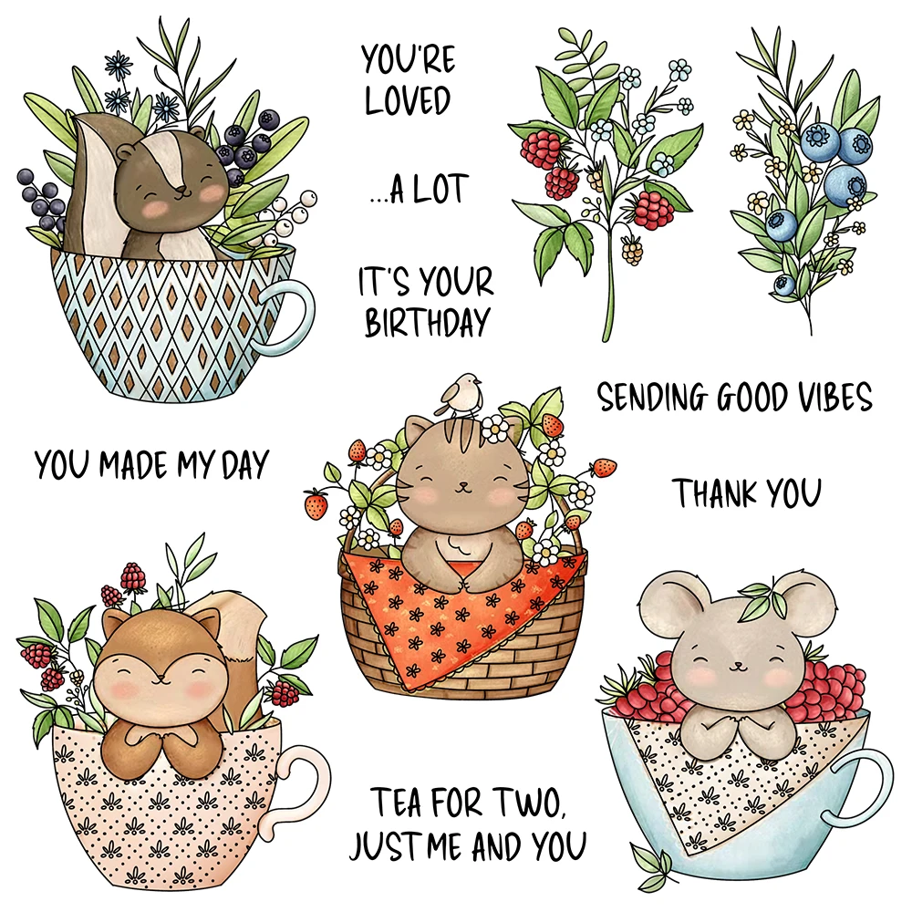 Animals in Tea Cups Fruits Tea for Two Just Me and You Clear Stamps Card Craft