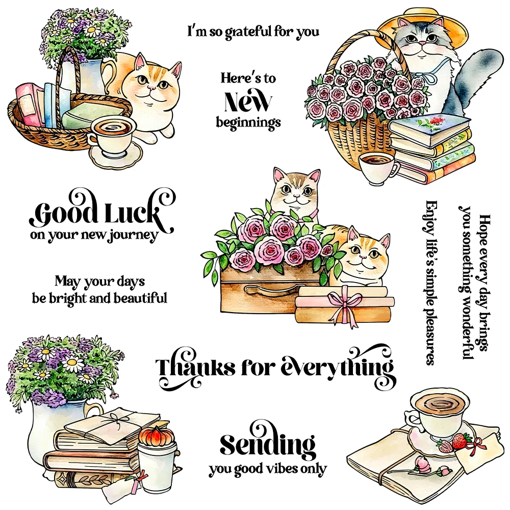 Roses Flowers Books Cats Good Luck on Your New Journey Good Vibes Clear Stamps