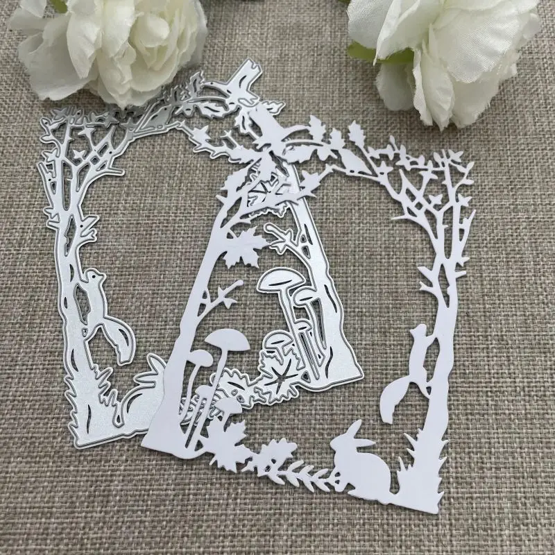 Woods Trees Mushrooms Leaves Rabbit Card Frame Metal Cutting Dies Craft