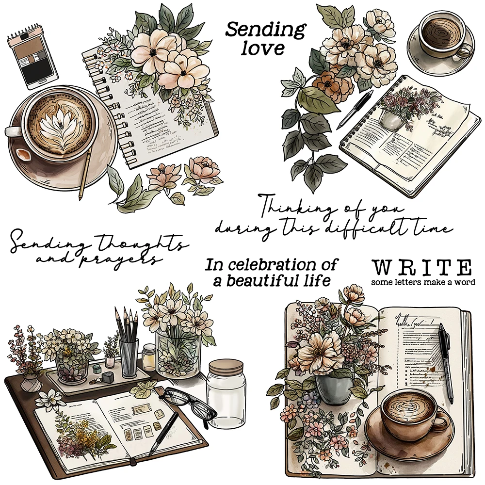 Coffee Time Books Roses Flower Sending Thoughts and Prayers Clear Stamps Craft
