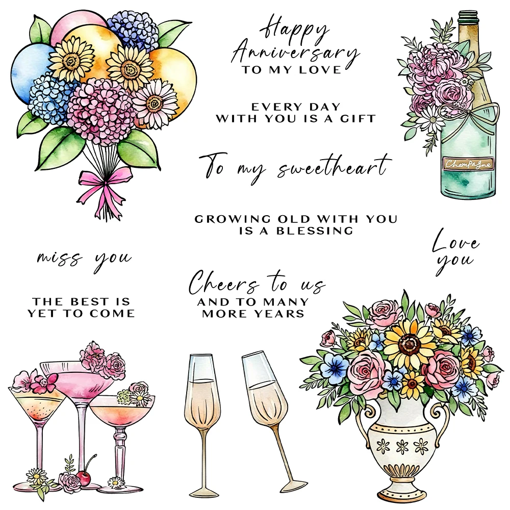 Happy Anniversary to My Love Celebration Balloons Flowers Champagne Clear Stamps