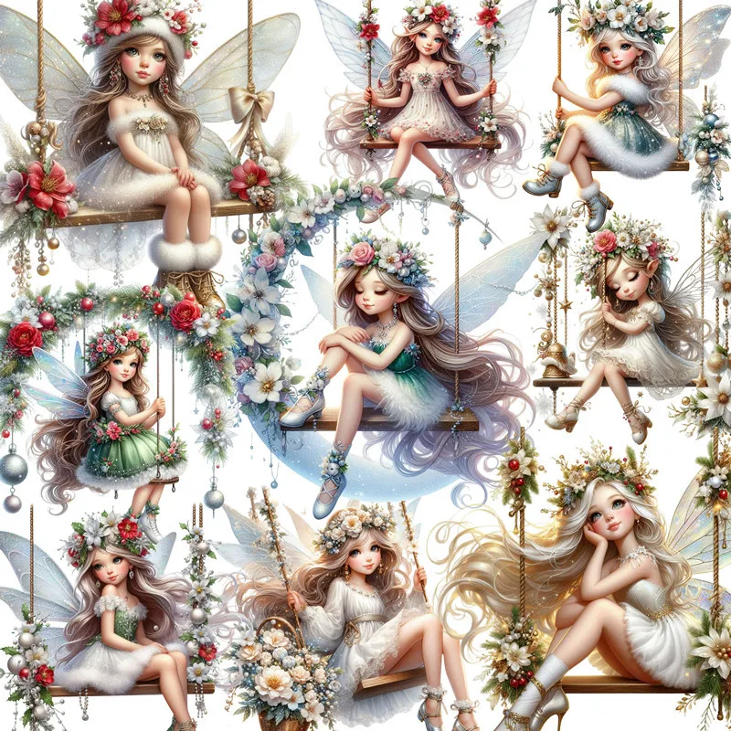 Christmas Elf Fairy Girls on Swing Stickers Stationery Journal Scrapbook Craft