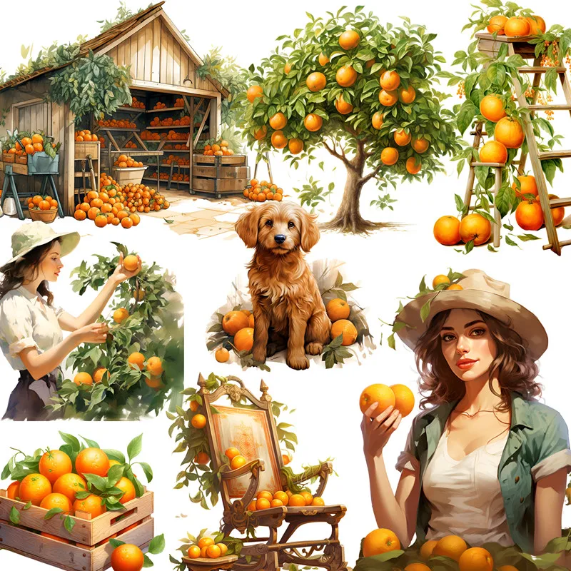 Orange Orchard Tree Basket Woman Dog Stickers Stationery Scrapbooking Craft
